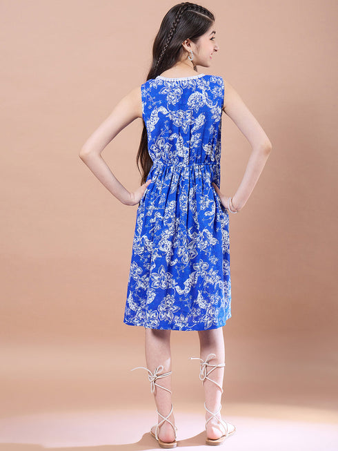 Girls Floral Print V-Neck Long Sleeves A-Line Midi Dress With Shrug